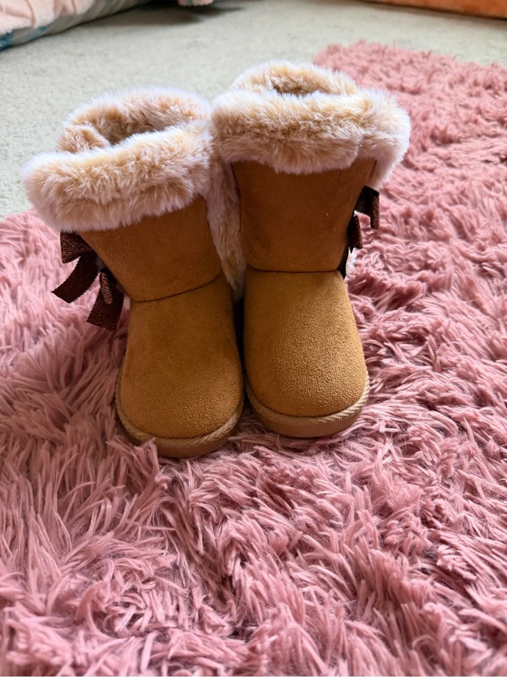 Girls Brown Faux-Fur Trim Bow Boots - Cozy Slip-On Style